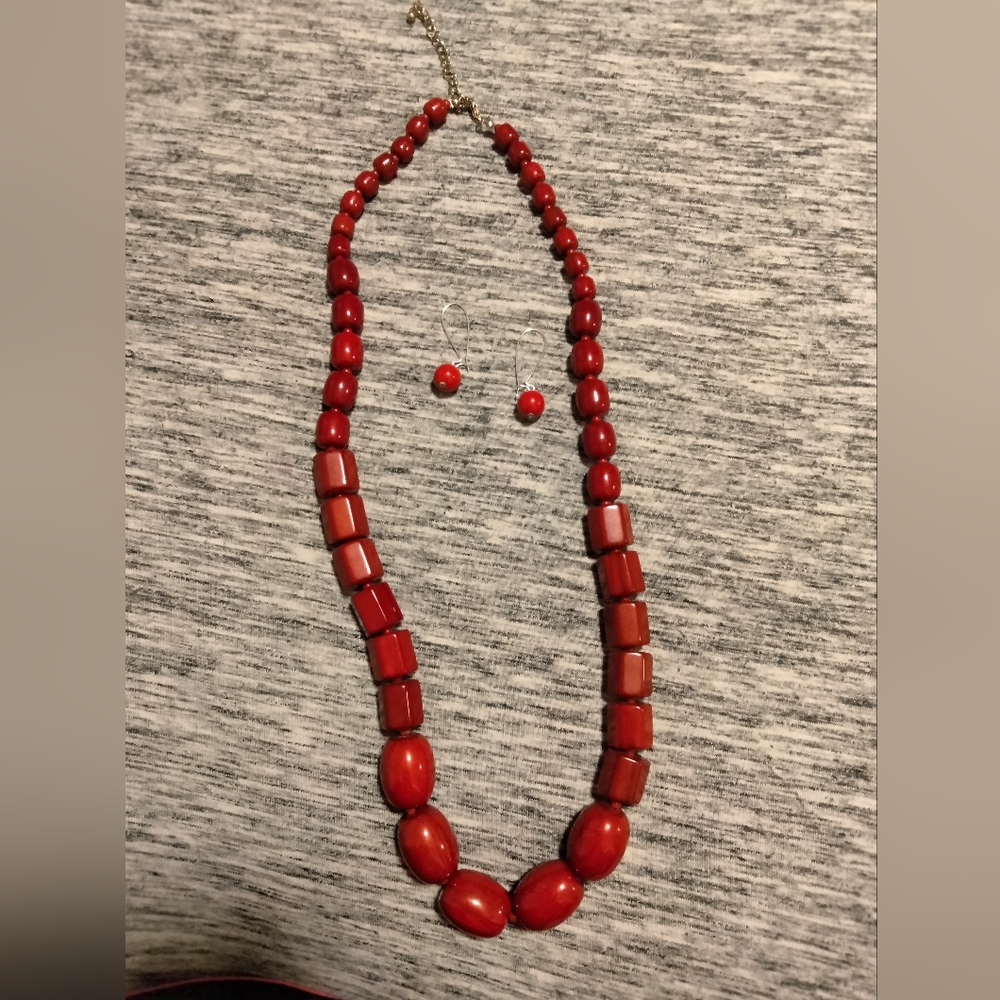 Vintage Red Beaded Necklace And Earring Set